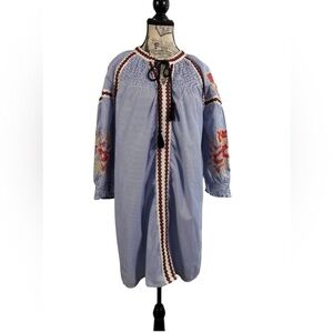 Signature Studio Blue & White Striped W/ Embroidery Tunic Dress Front Tie Size M